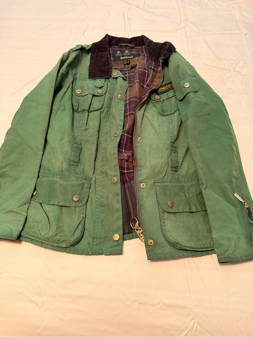 Barbour Green Waxed Field Jacket with Dark Cord Collar